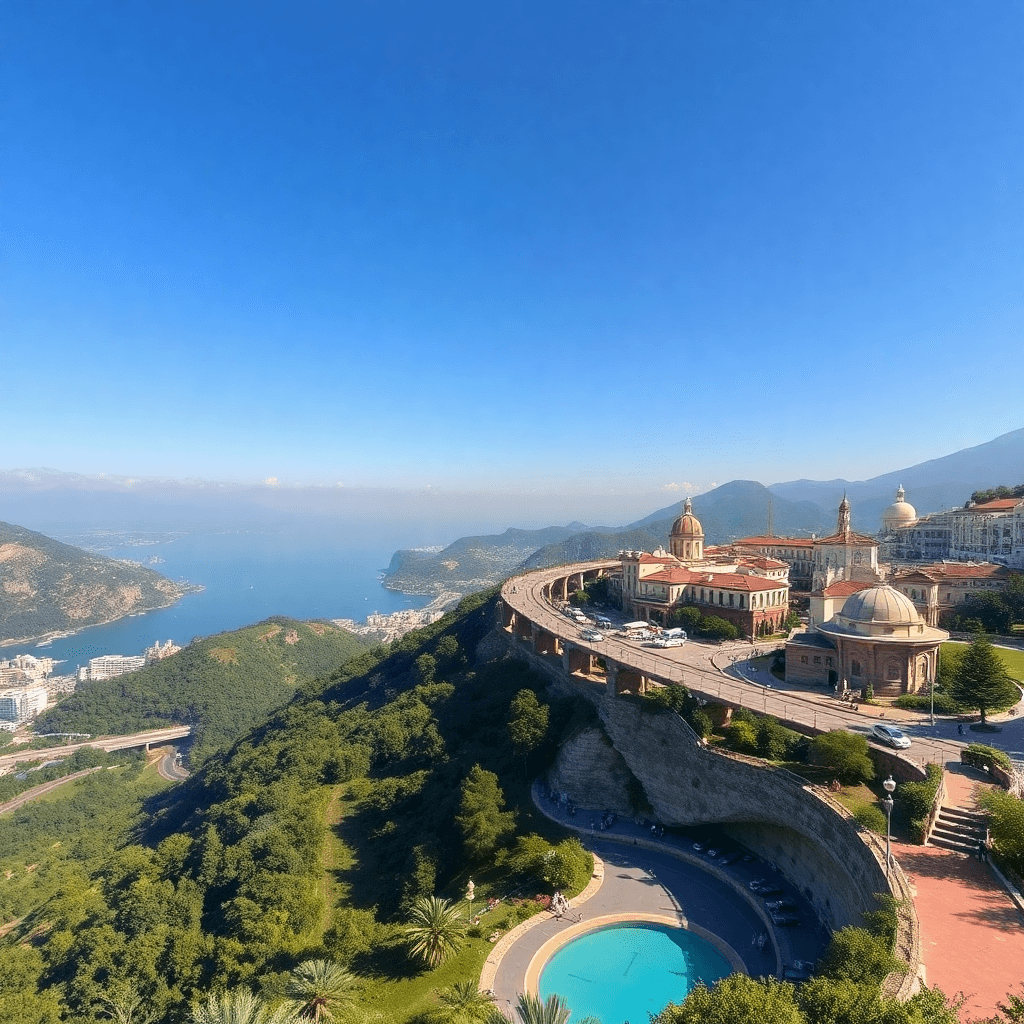 travel destination scenic view with modern tourism infrastructure, beautiful landscape, professional photography